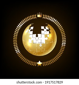 Golden emblem, the globe of the puzzle. Vector.