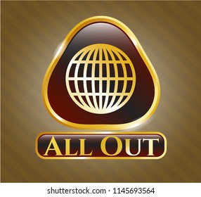  Golden emblem with globe, website icon and All Out text inside