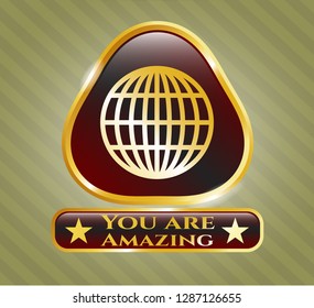  Golden emblem with globe, website icon and You are Amazing text inside