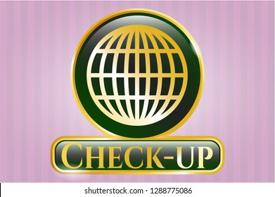  Golden emblem with globe, website icon and Check-up text inside