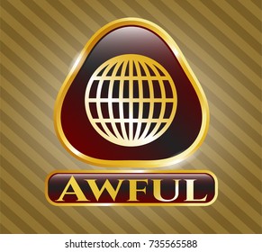  Golden emblem with globe, website icon and Awful text inside