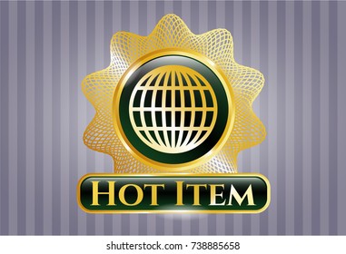  Golden emblem with globe, website icon and Hot Item text inside