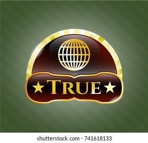  Golden emblem with globe, website icon and True text inside