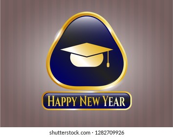  Golden emblem with graduation cap icon and Happy New Year text inside