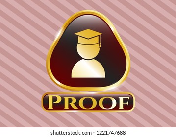  Golden emblem with graduation icon and Proof text inside