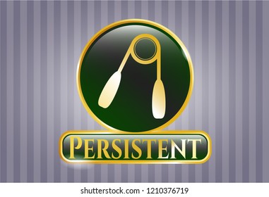  Golden emblem with hand gripper icon and Persistent text inside