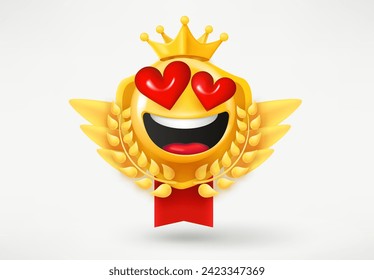 Golden emblem with happy emoji in love. Game achievement 3d badge isolated on white background