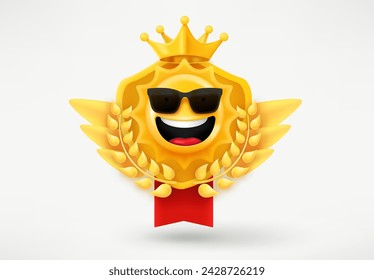 Emblema dorado con emoticonos y alas de sol feliz. Logro del juego insignia 3d aislada sobre fondo blanco