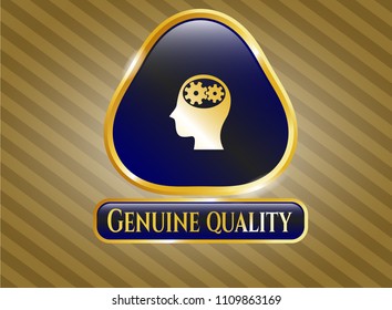   Golden emblem with head with gears inside icon and Genuine Quality text inside