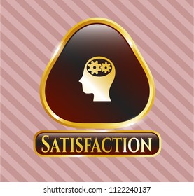  Golden emblem with head with gears inside icon and Satisfaction text inside