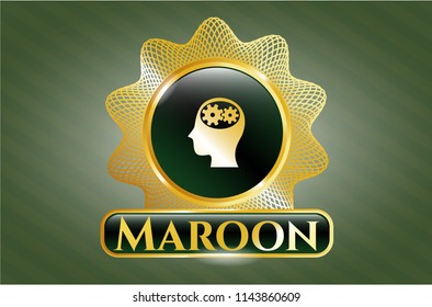  Golden emblem with head with gears inside icon and Maroon text inside