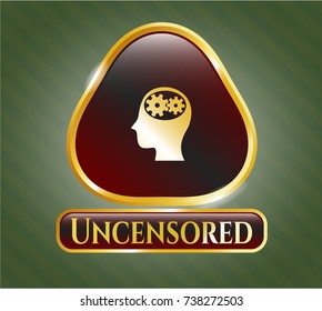  Golden emblem with head with gears inside icon and Uncensored text inside