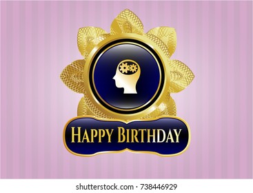  Golden emblem with head with gears inside icon and Happy Birthday text inside