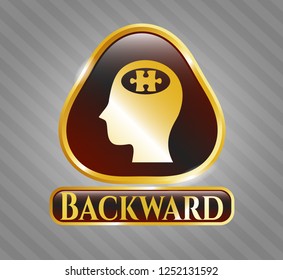  Golden emblem with head with jigsaw puzzle piece icon and Backward text inside