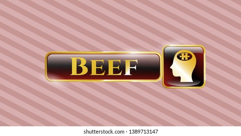  Golden emblem with head with jigsaw puzzle piece icon and Beef text inside