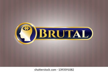  Golden emblem with head with jigsaw puzzle piece icon and Brutal text inside