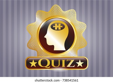  Golden emblem with head with jigsaw puzzle piece icon and Quiz text inside