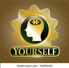  Golden emblem with head with jigsaw puzzle piece icon and Yourself text inside