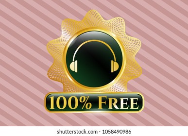    Golden emblem with headphones icon and 100% Free text inside