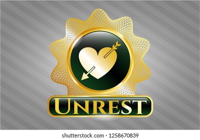  Golden emblem with heart with arrow icon and Unrest text inside