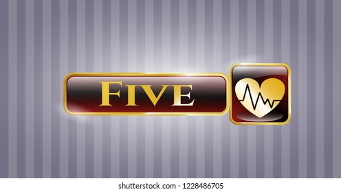  Golden emblem with heart with electrocardiogram icon and Five text inside