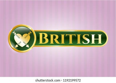  Golden emblem with heart with two arrows icon and British text inside