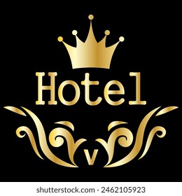 golden emblem hotel logo with crown and pattern