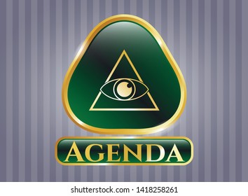  Golden emblem with illuminati pyramid icon and Agenda text inside