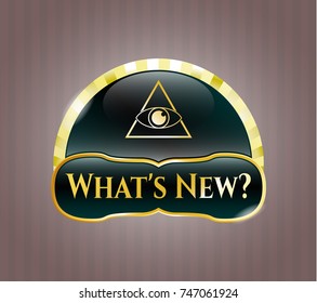  Golden emblem with illuminati pyramid icon and What's New? text inside
