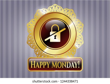  Golden emblem with inaccessible icon and Happy Monday! text inside