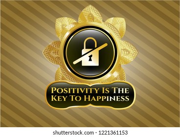  Golden emblem with inaccessible icon and Positivity Is The Key To Happiness text inside