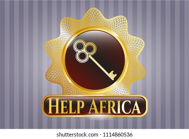   Golden emblem with key icon and Help Africa text inside