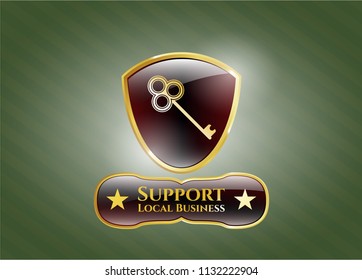  Golden emblem with key icon and Support Local Business text inside