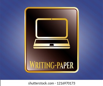  Golden emblem with laptop icon and Writing-paper text inside