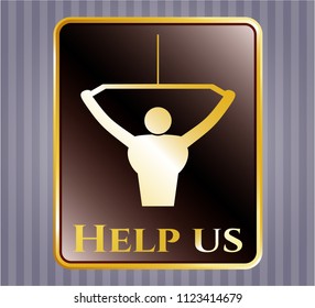  Golden emblem with lat pull down, exercise icon and Help us text inside