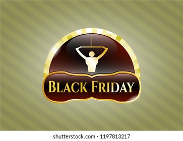  Golden emblem with lat pull down, exercise icon and Black Friday text inside