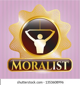  Golden emblem with lat pull down, exercise icon and Moralist text inside