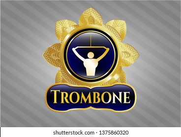  Golden emblem with lat pull down, exercise icon and Trombone text inside