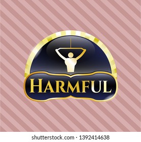  Golden emblem with lat pull down, exercise icon and Harmful text inside