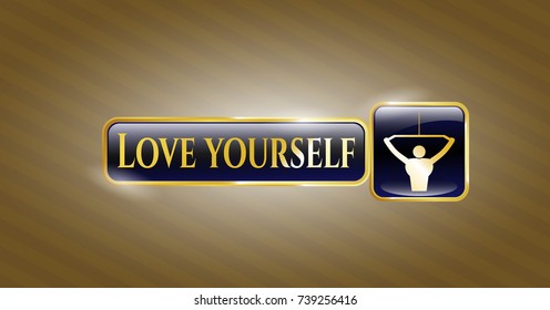  Golden emblem with lat pull down, exercise icon and Love Yourself text inside