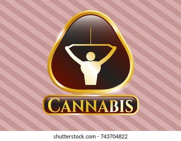  Golden emblem with lat pull down, exercise icon and Cannabis text inside