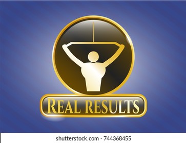  Golden emblem with lat pull down, exercise icon and Real results text inside