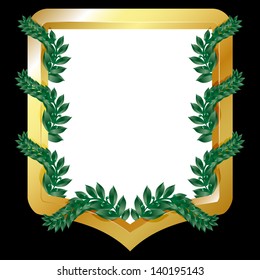 Golden emblem with laurel branches, isolated on black. Vector illustration