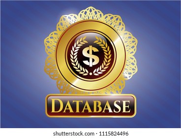  Golden emblem with laurel wreath with money symbol inside icon and Database text inside
