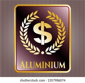  Golden emblem with laurel wreath with money symbol inside icon and Aluminium text inside