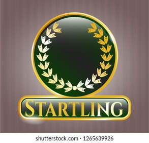  Golden emblem with leaf crown icon and Startling text inside