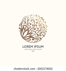Golden emblem with leaves in a circle shape. Can be used for jewelry, beauty and fashion industry. Great for logo, monogram, invitation, flyer, menu, background, or any desired idea.