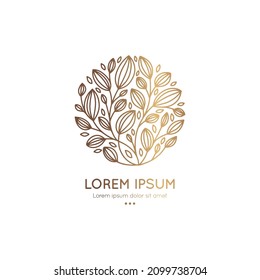 Emblema dorado con hojas en forma de círculo. Se puede usar para la joyería, la belleza y la industria de la moda. Ideal para logotipo, monograma, invitación, volante, menú, fondo o cualquier idea deseada.