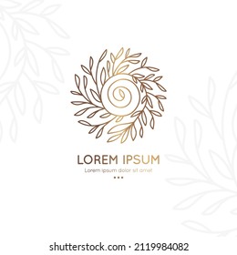 Golden emblem with leaves in a circle shape. Can be used for jewelry, beauty and fashion industry. Great for logo, monogram, invitation, flyer, menu, background, or any desired idea.