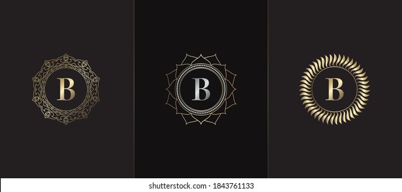 Golden Emblem Letter B Luxury Decorative Initial Logo Icon, Elegance Set Gold Ornate Emblem Deco Vector Design.